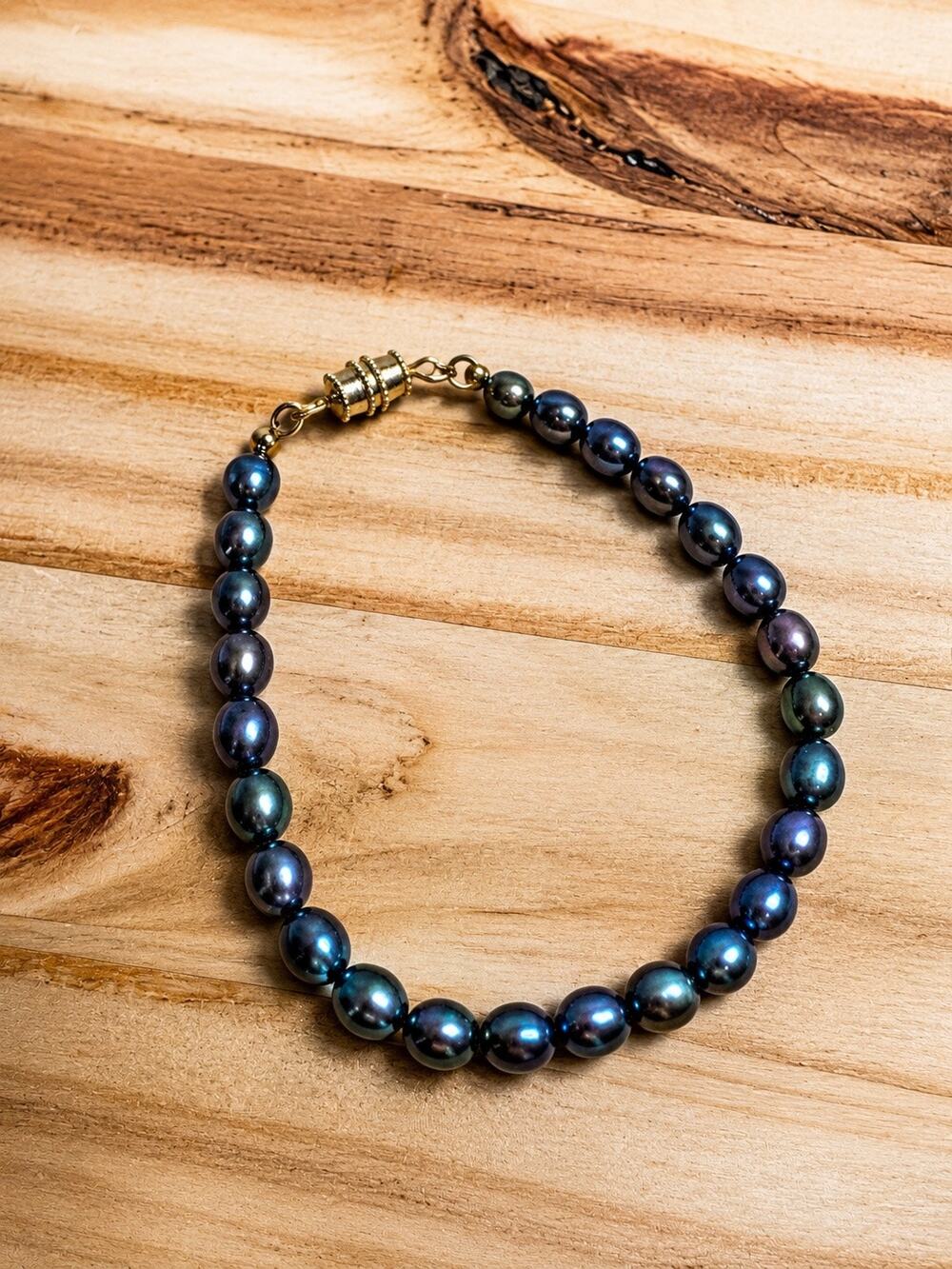 Beaded Pearl Bracelets Charcoal Black Gold Shiny Boho